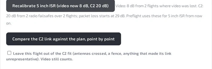 The Recalibrate control for a saved aircraft, naming the figures it produced, with the result beside it: video field loss from the flights where video was lost, control field loss from the radio failsafes that fired, and the point where packet loss starts.