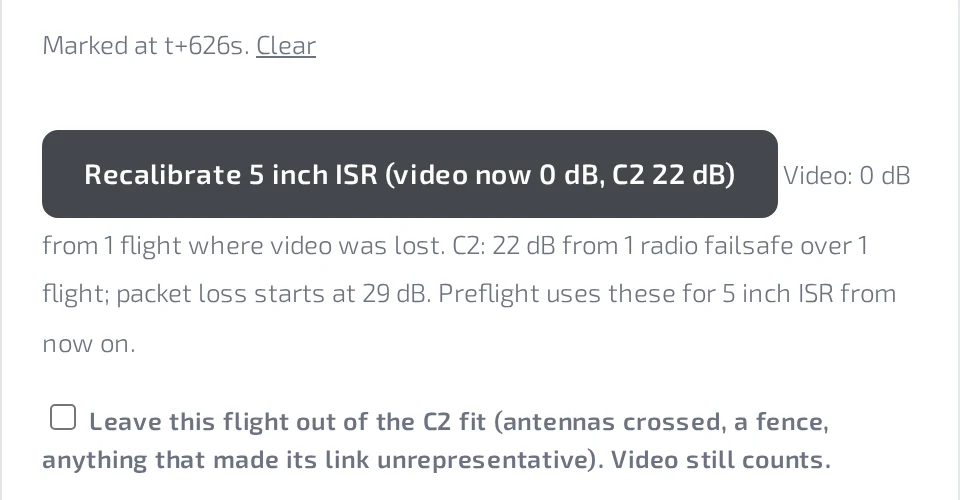 The Recalibrate button for a saved aircraft and the result: the control field loss fitted from one radio failsafe, with the point where packet loss starts.