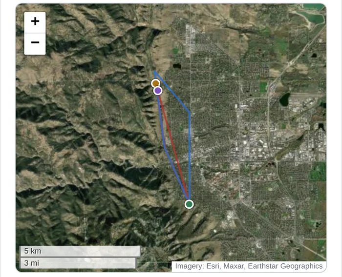 Satellite map with the planned route in blue and the flown track in red, the radio failsafe RTL marked, and the point where video was lost.