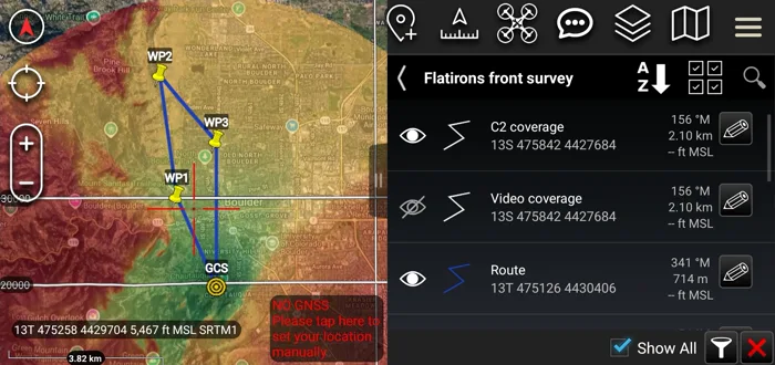 The same plan loaded on a handheld end user device, with the coverage overlay for the command link switched on.