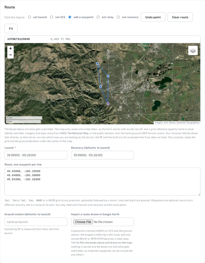 The mission form's route section: a satellite map with launch, waypoints and recovery, and the coordinates written into the boxes beneath it.
