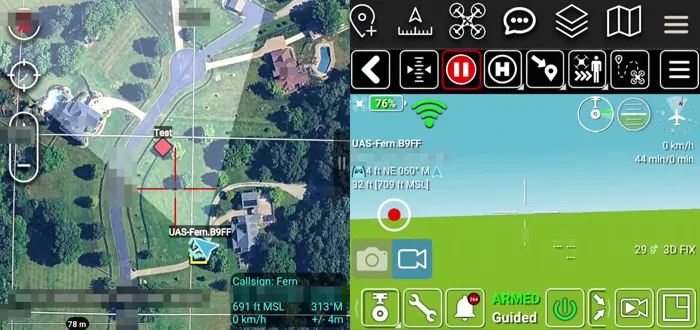The aircraft on a TAK map at the end of a run, beside its flight display.